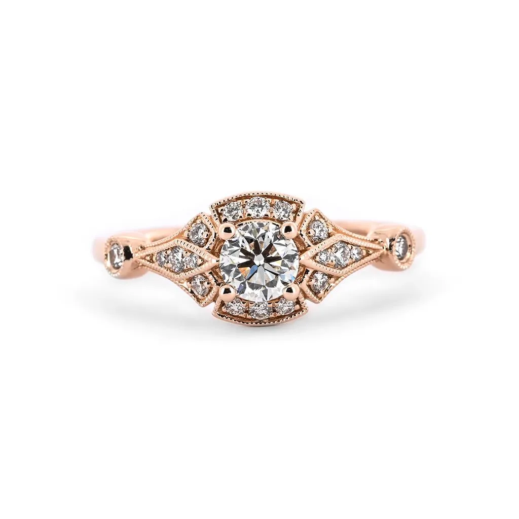 0.69ctw Round Diamond Engagement Ring, Art Deco - Rose Gold