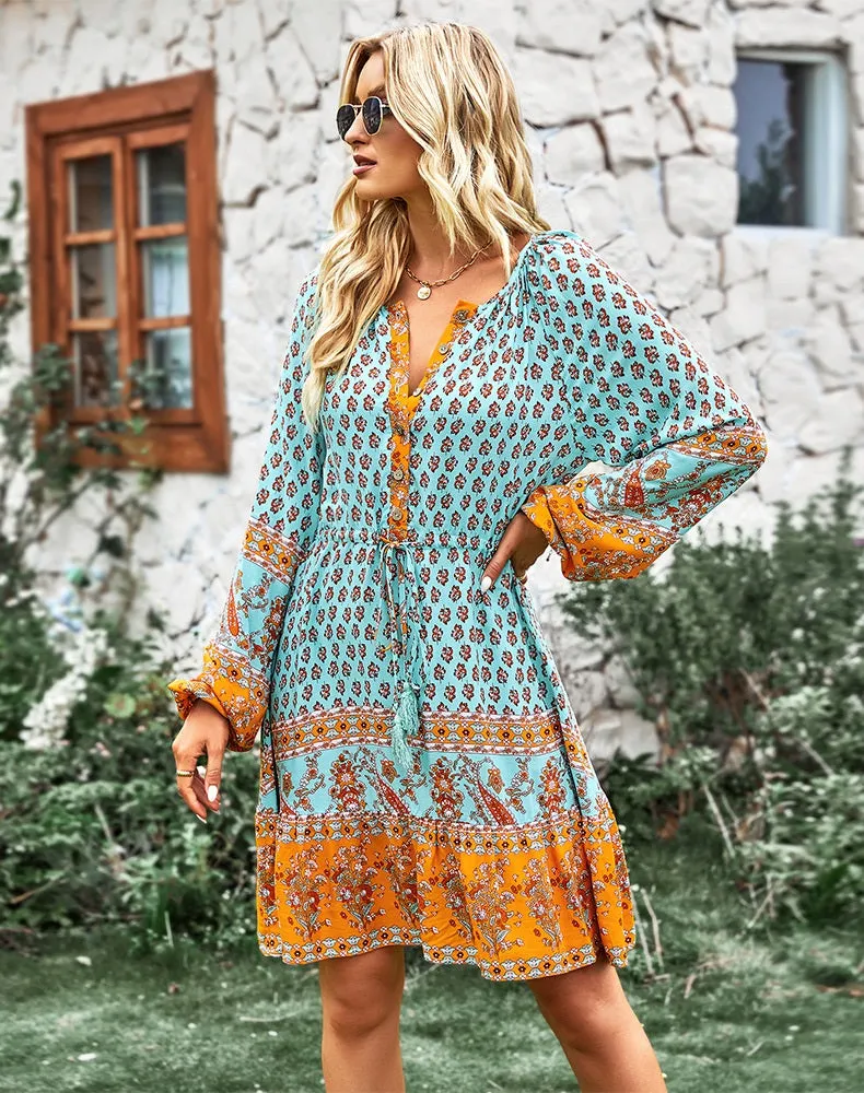 2023 Bohemian Dream Turquoise Floral Print Tie Neck Puffed Sleeve Dress - Spring Collection