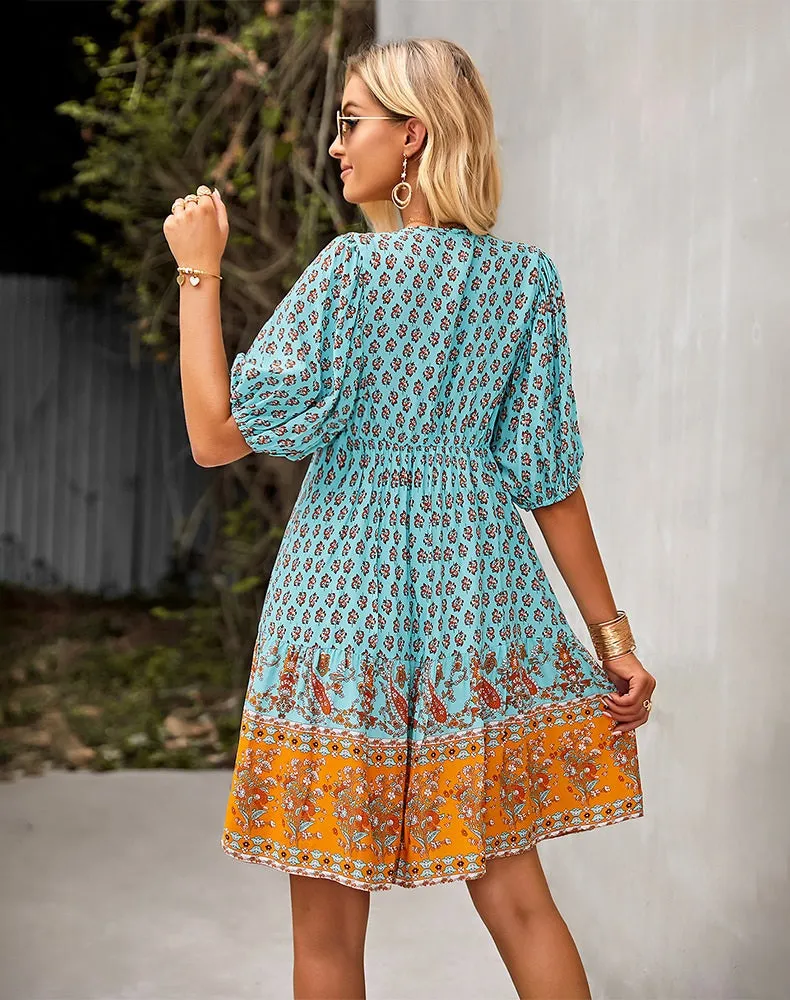 2023 Bohemian Dream Turquoise Floral Print Tie Neck Puffed Sleeve Dress - Spring Collection