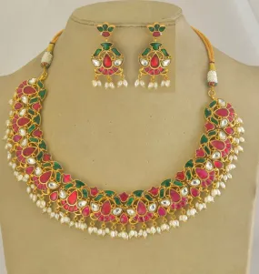 21A127 Pink and Green Stone Necklace Set with Pearls