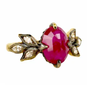 22k Gold Mozambique Ruby with Diamond Leaves and Pave Seat