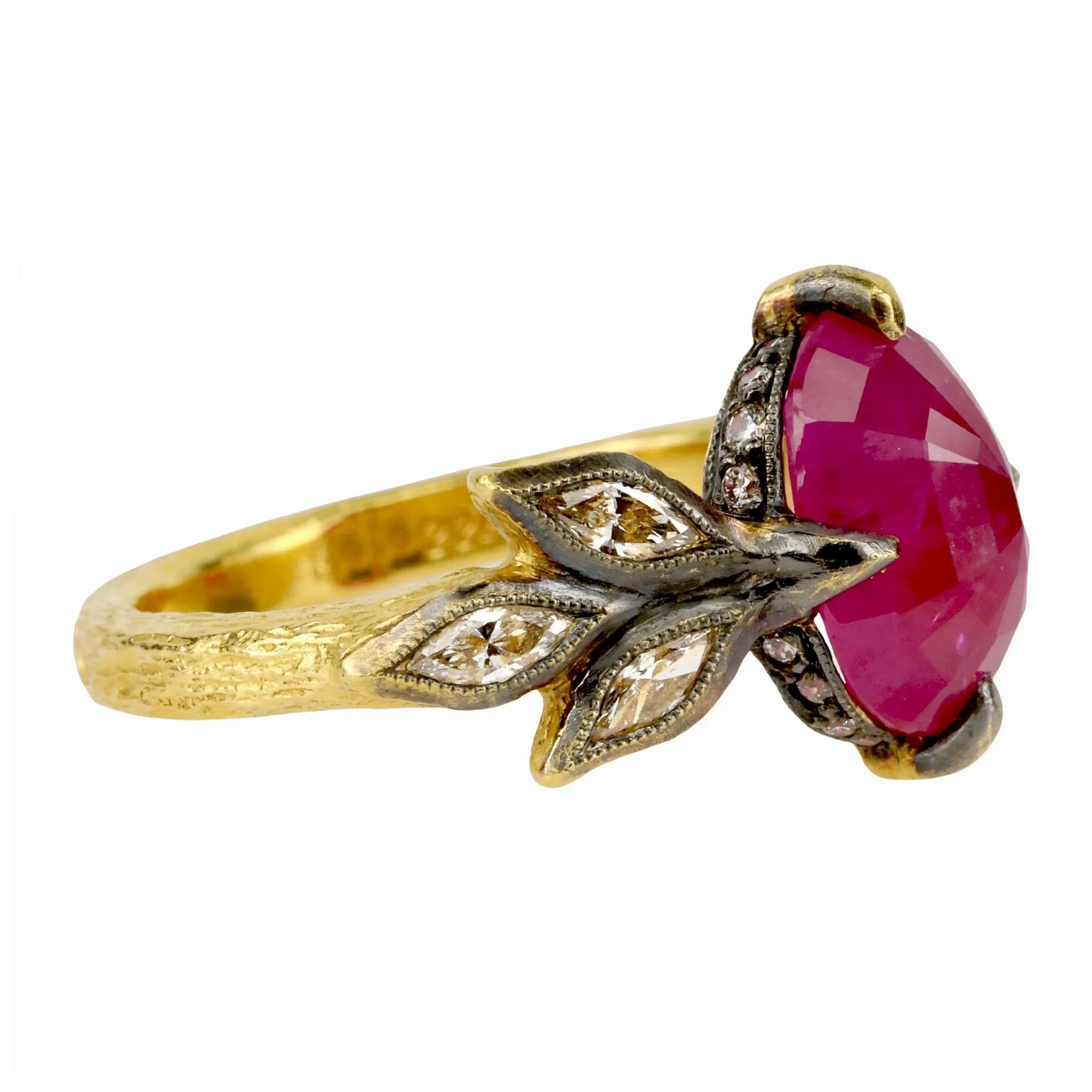 22k Gold Mozambique Ruby with Diamond Leaves and Pave Seat