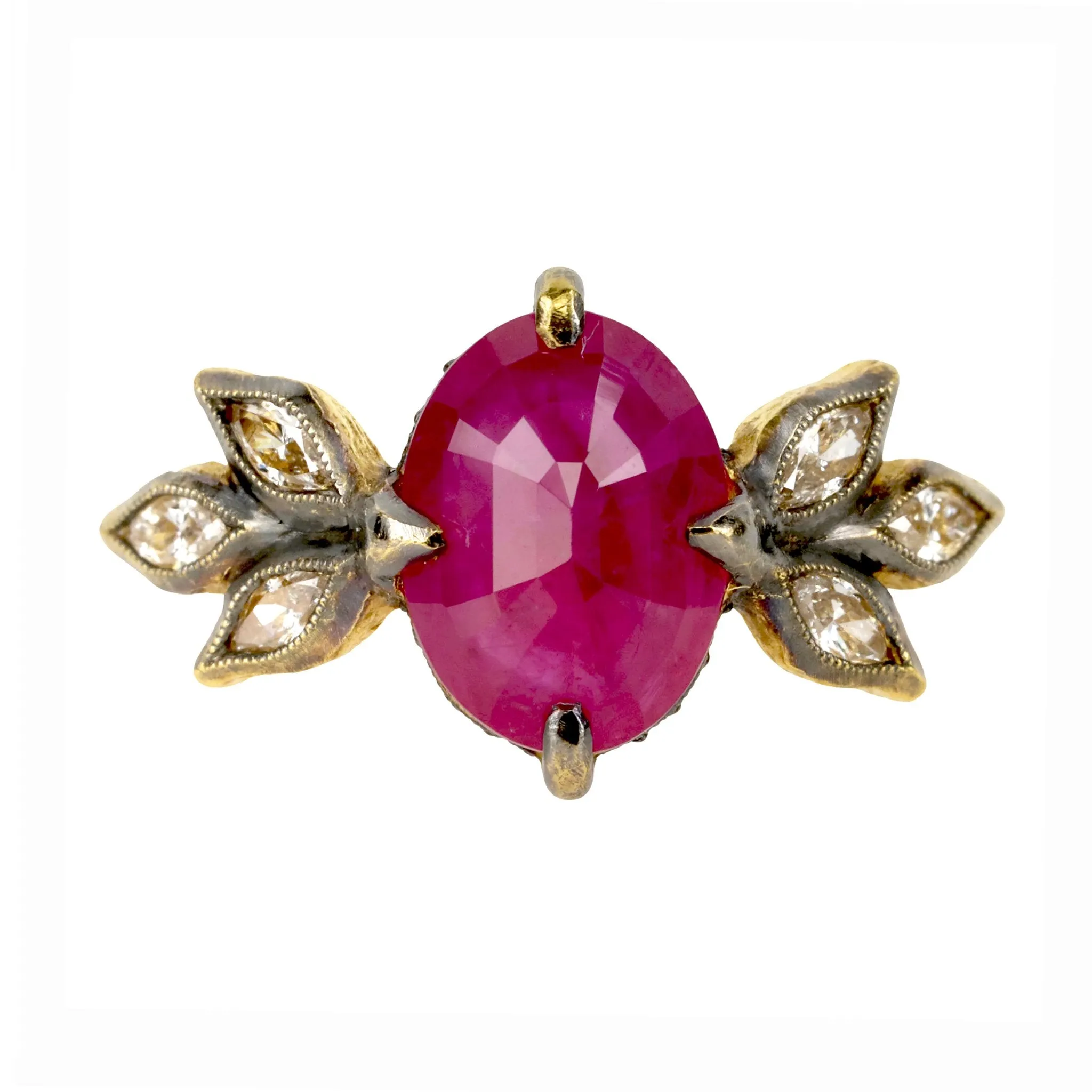 22k Gold Mozambique Ruby with Diamond Leaves and Pave Seat