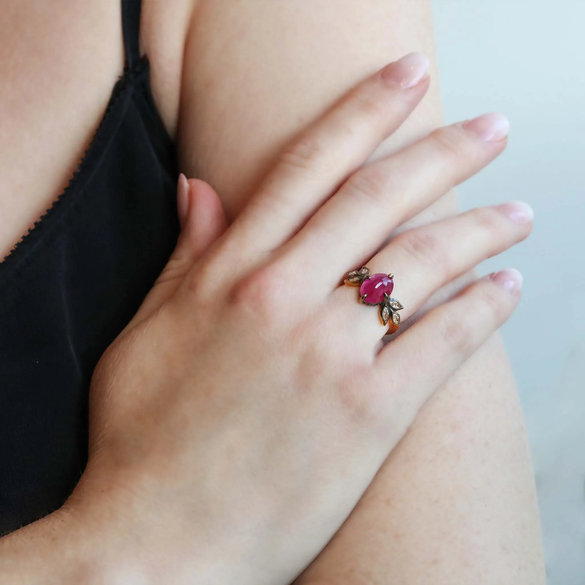 22k Gold Mozambique Ruby with Diamond Leaves and Pave Seat