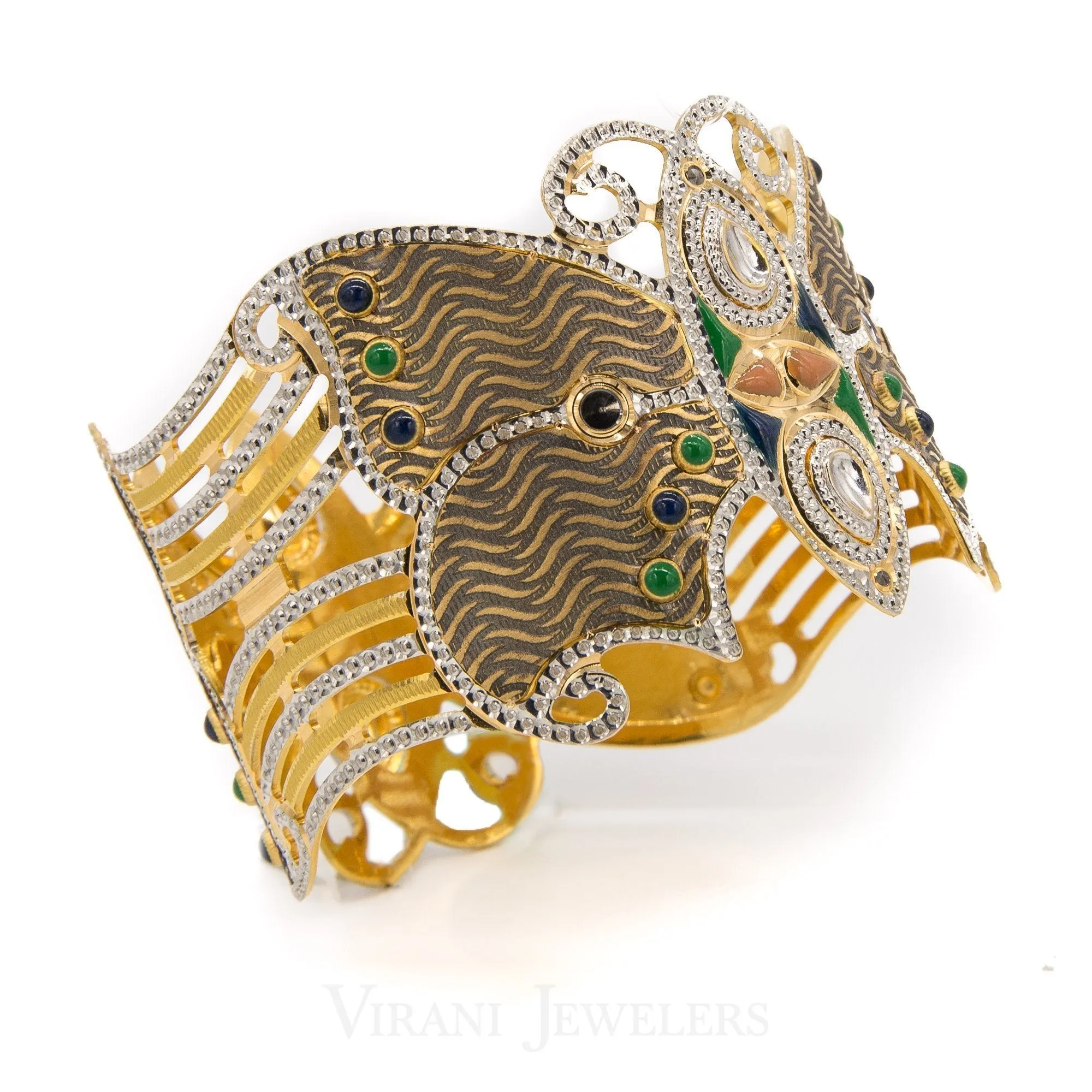 22K Yellow Gold Hand Painted Butterfly Cuff Bangle W/ Diamond Cutting