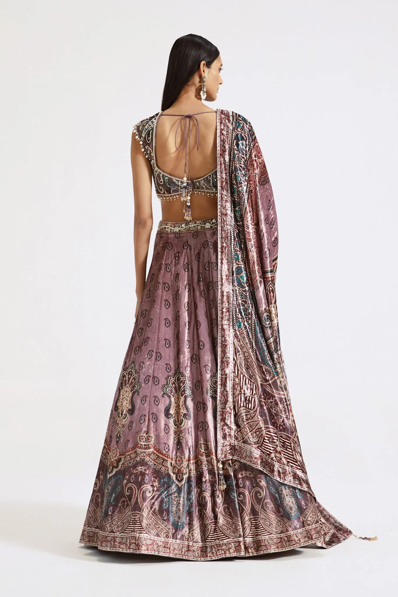 30Z363-RO Onion Pink Printed and Embellished Velvet Lehenga