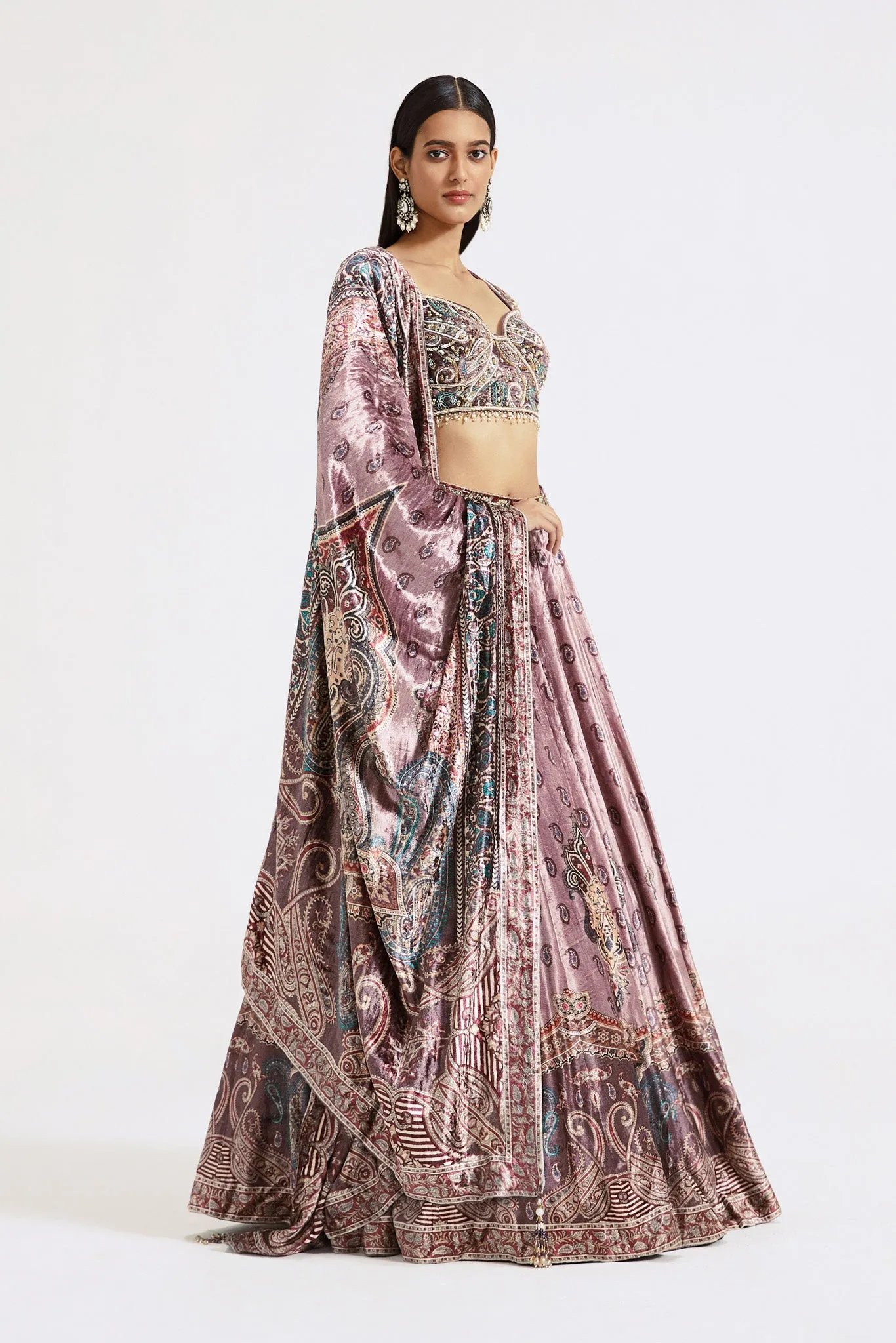 30Z363-RO Onion Pink Printed and Embellished Velvet Lehenga