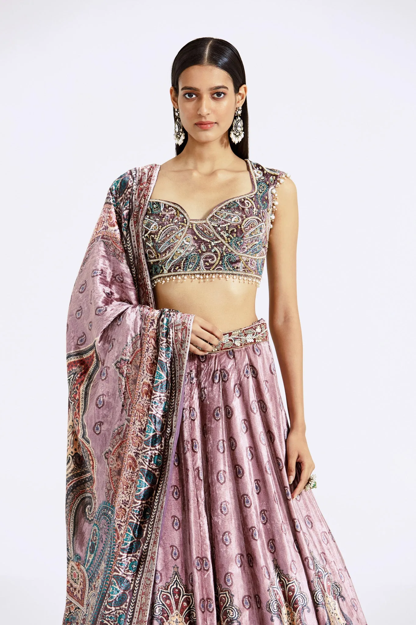 30Z363-RO Onion Pink Printed and Embellished Velvet Lehenga