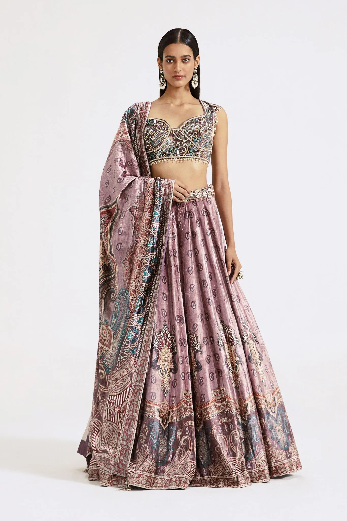 30Z363-RO Onion Pink Printed and Embellished Velvet Lehenga