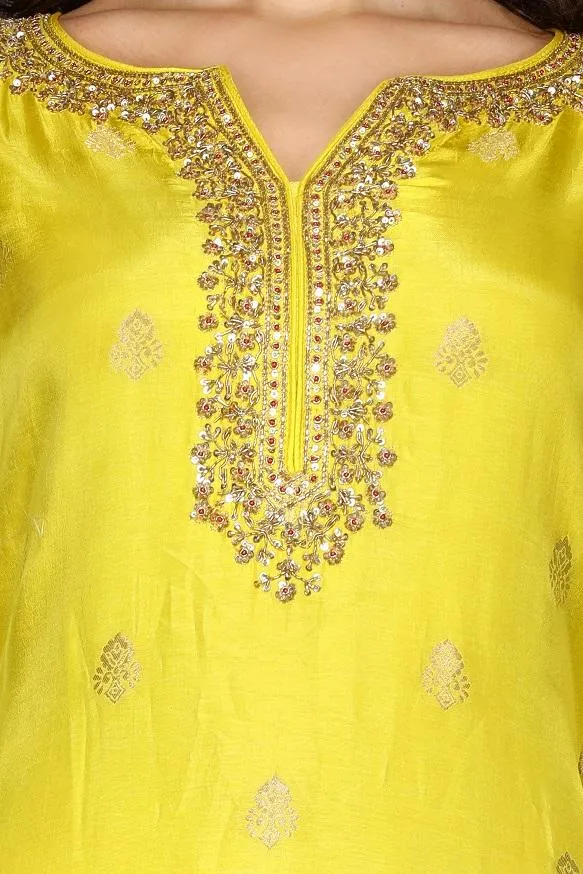 50Z085-RO Yellow Embroidered Suit with Pants and Dupatta