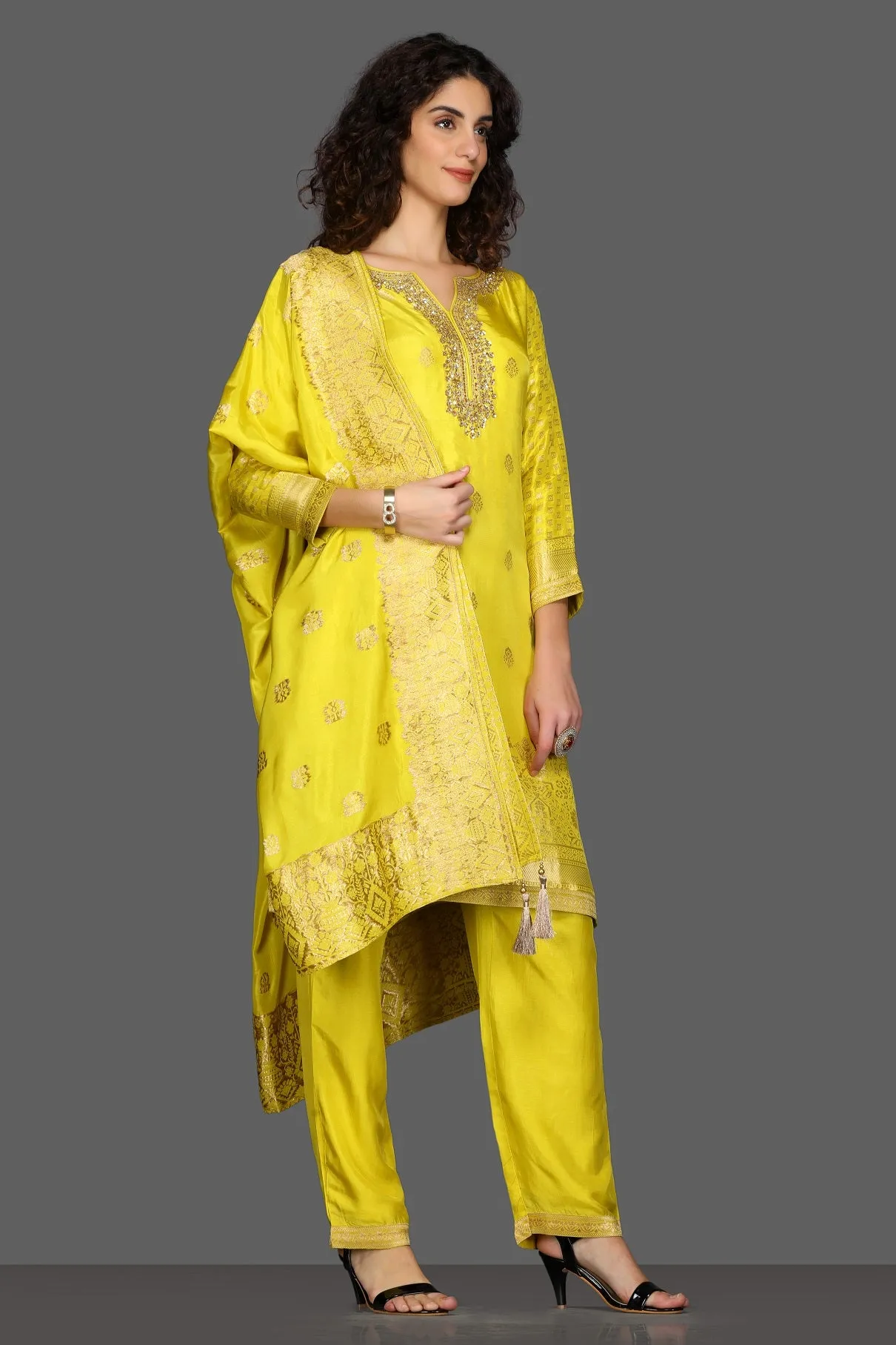 50Z085-RO Yellow Embroidered Suit with Pants and Dupatta