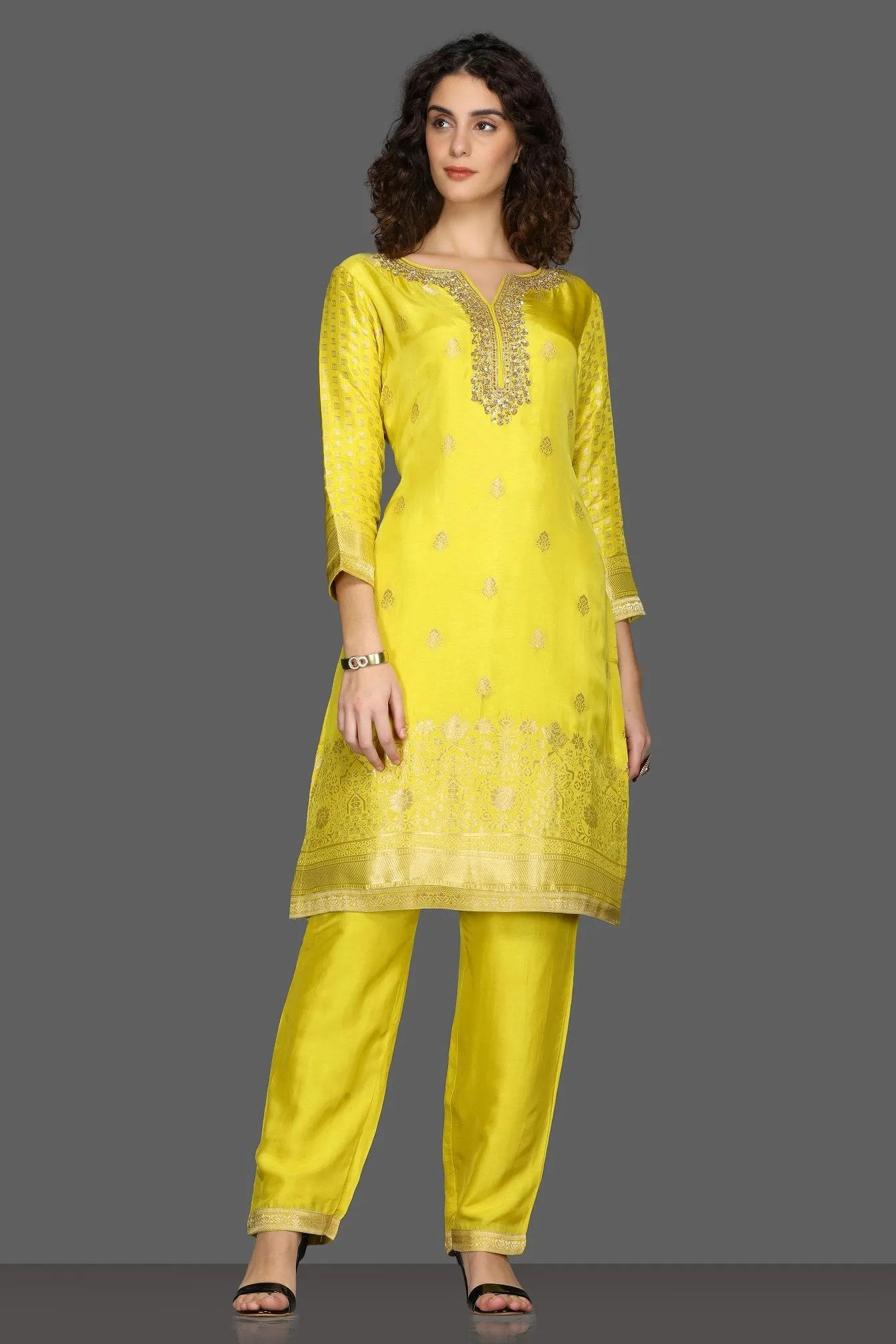 50Z085-RO Yellow Embroidered Suit with Pants and Dupatta