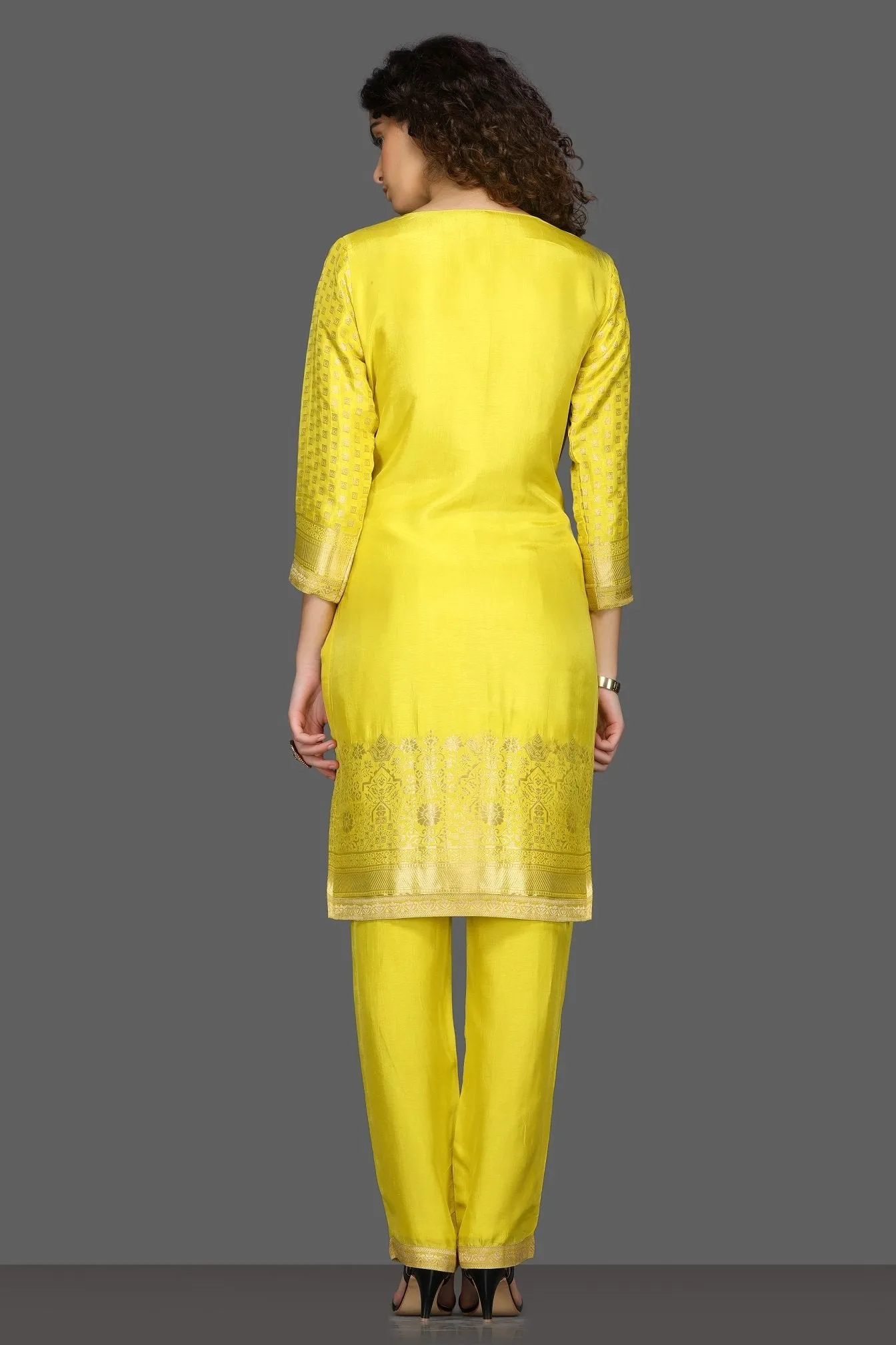 50Z085-RO Yellow Embroidered Suit with Pants and Dupatta