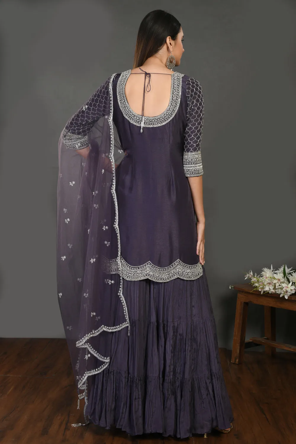 50Z741-RO Grey Embroidered Sharara Suit with Dupatta