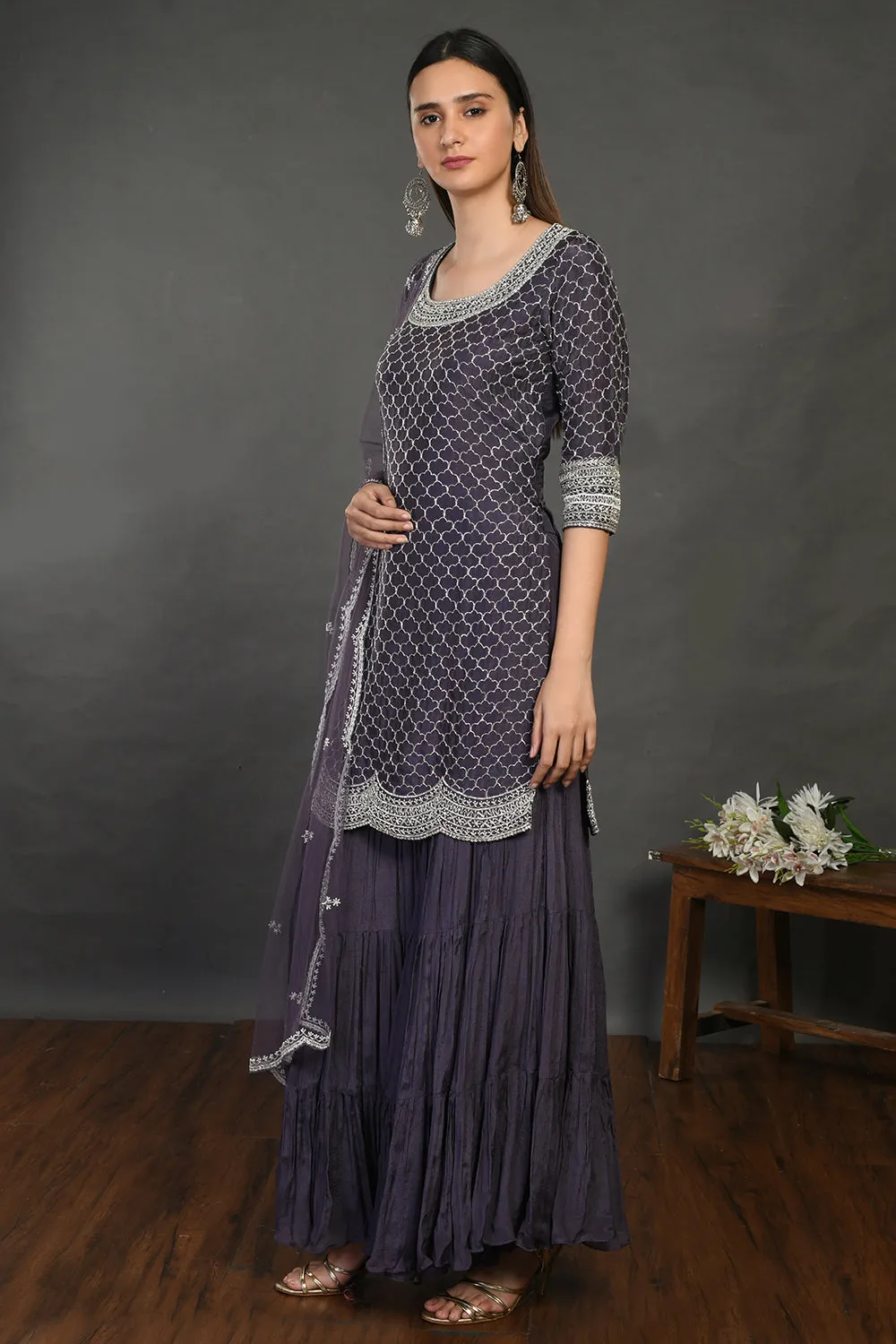 50Z741-RO Grey Embroidered Sharara Suit with Dupatta