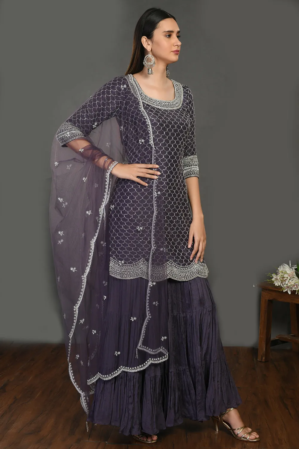 50Z741-RO Grey Embroidered Sharara Suit with Dupatta