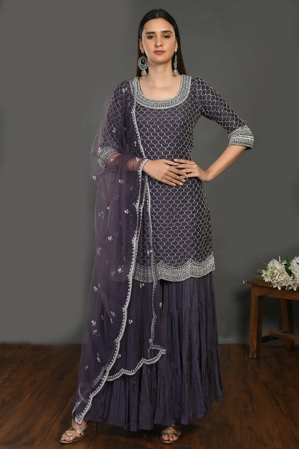 50Z741-RO Grey Embroidered Sharara Suit with Dupatta