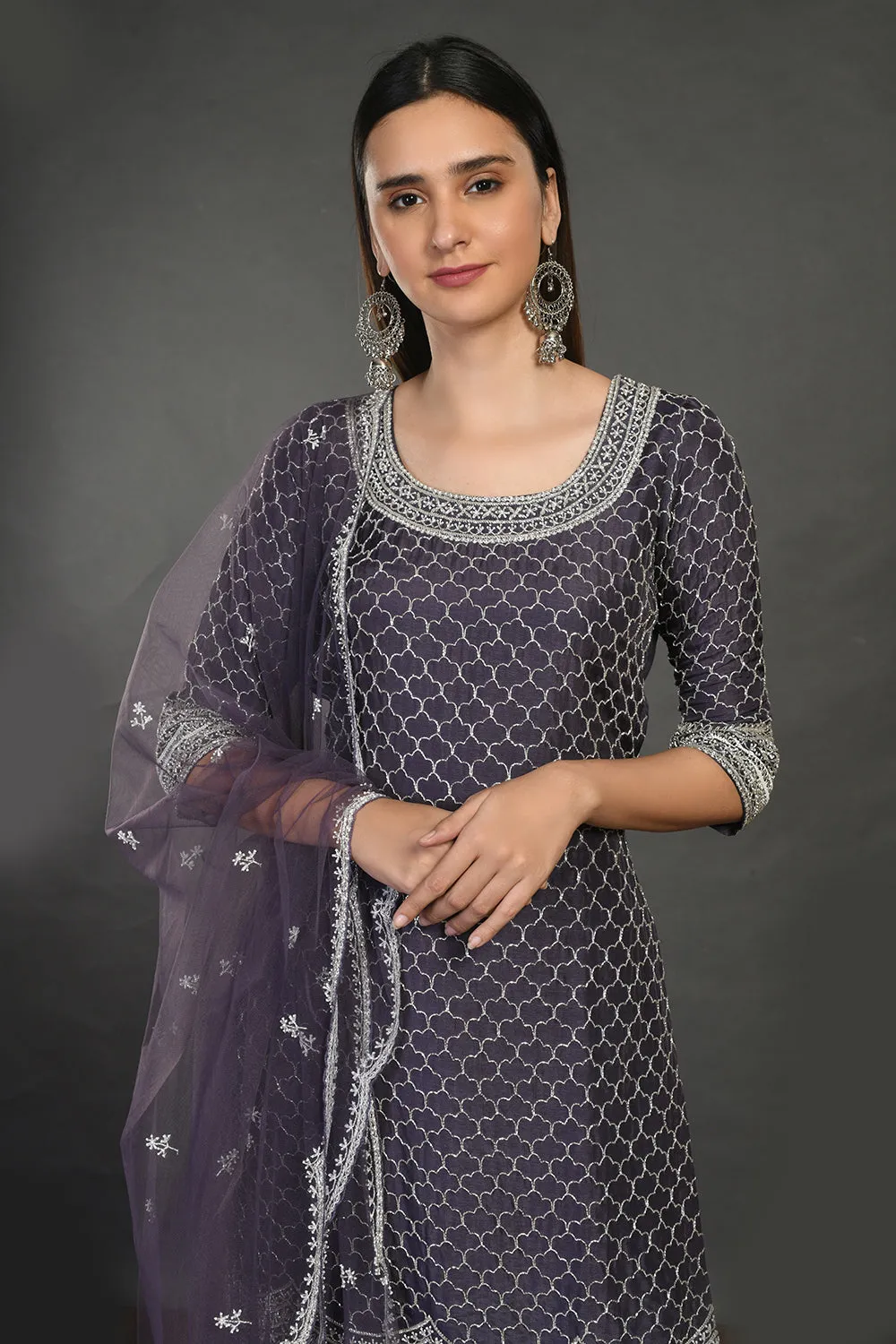 50Z741-RO Grey Embroidered Sharara Suit with Dupatta