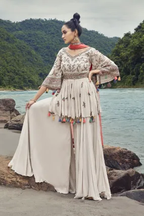 50Z828-RO Grey Sharara Set With Red Dupatta