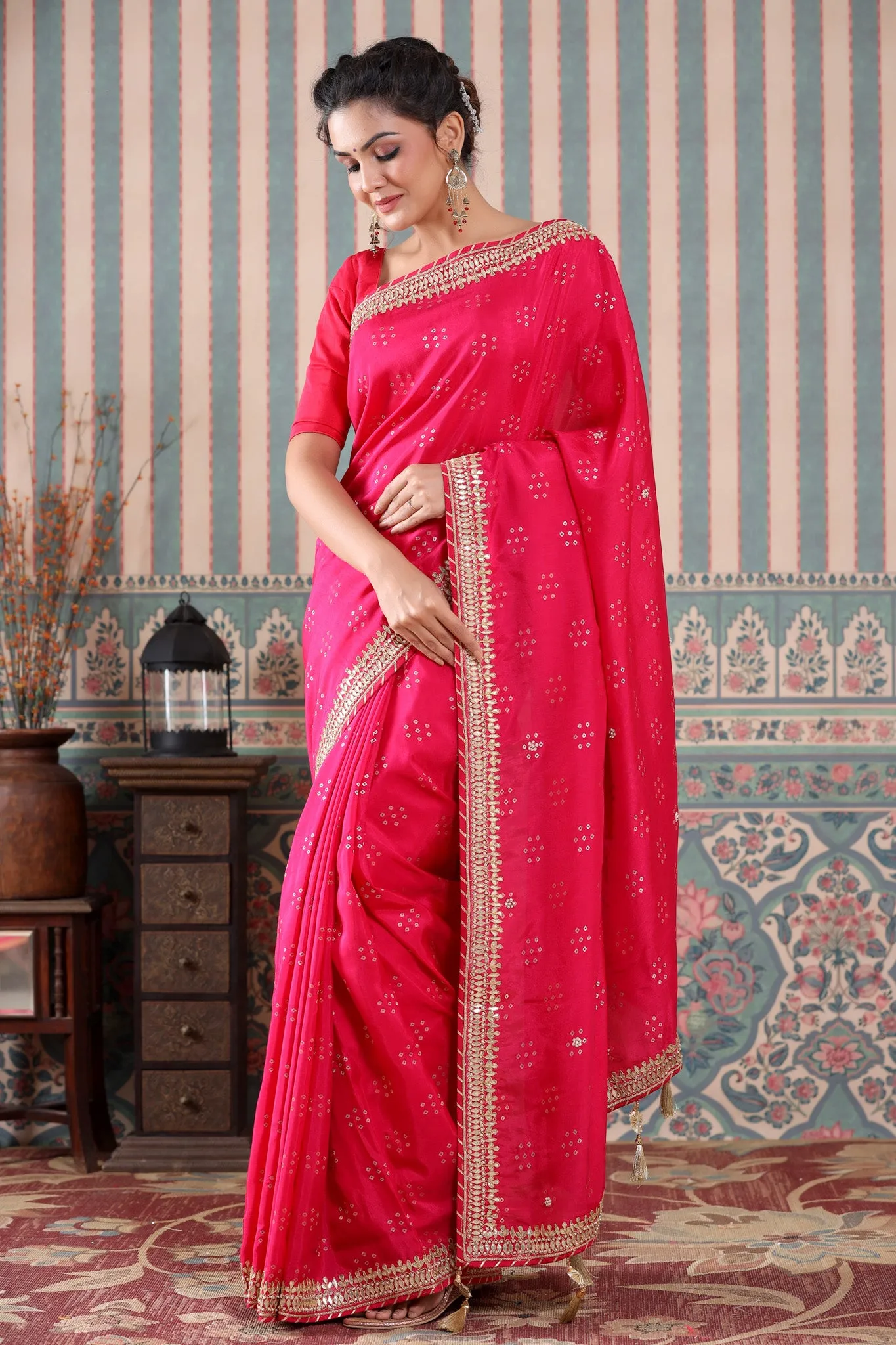 90Z521-RO Pink Embroidered Georgette Saree