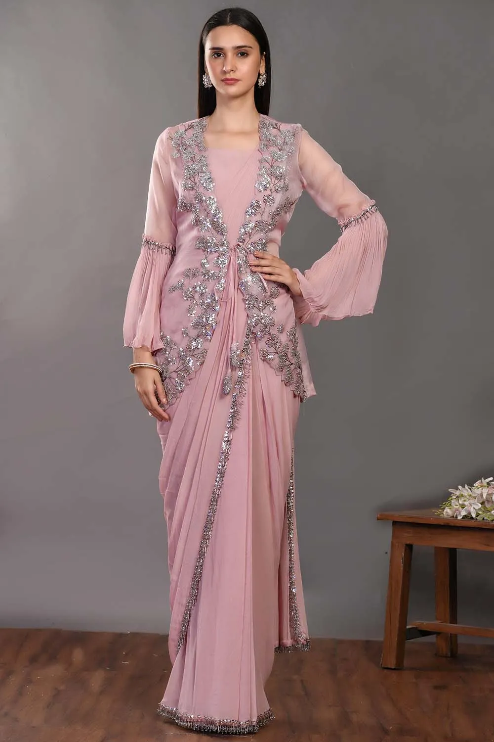 90Z938-RO Pink Georgette Drape Saree With Jacket