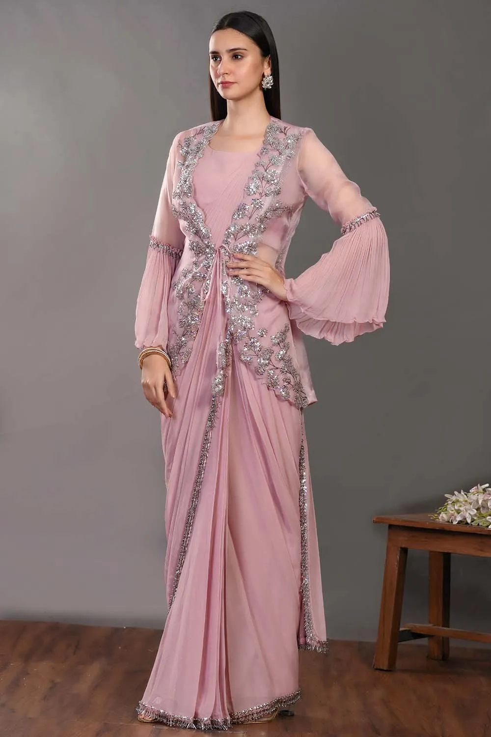 90Z938-RO Pink Georgette Drape Saree With Jacket