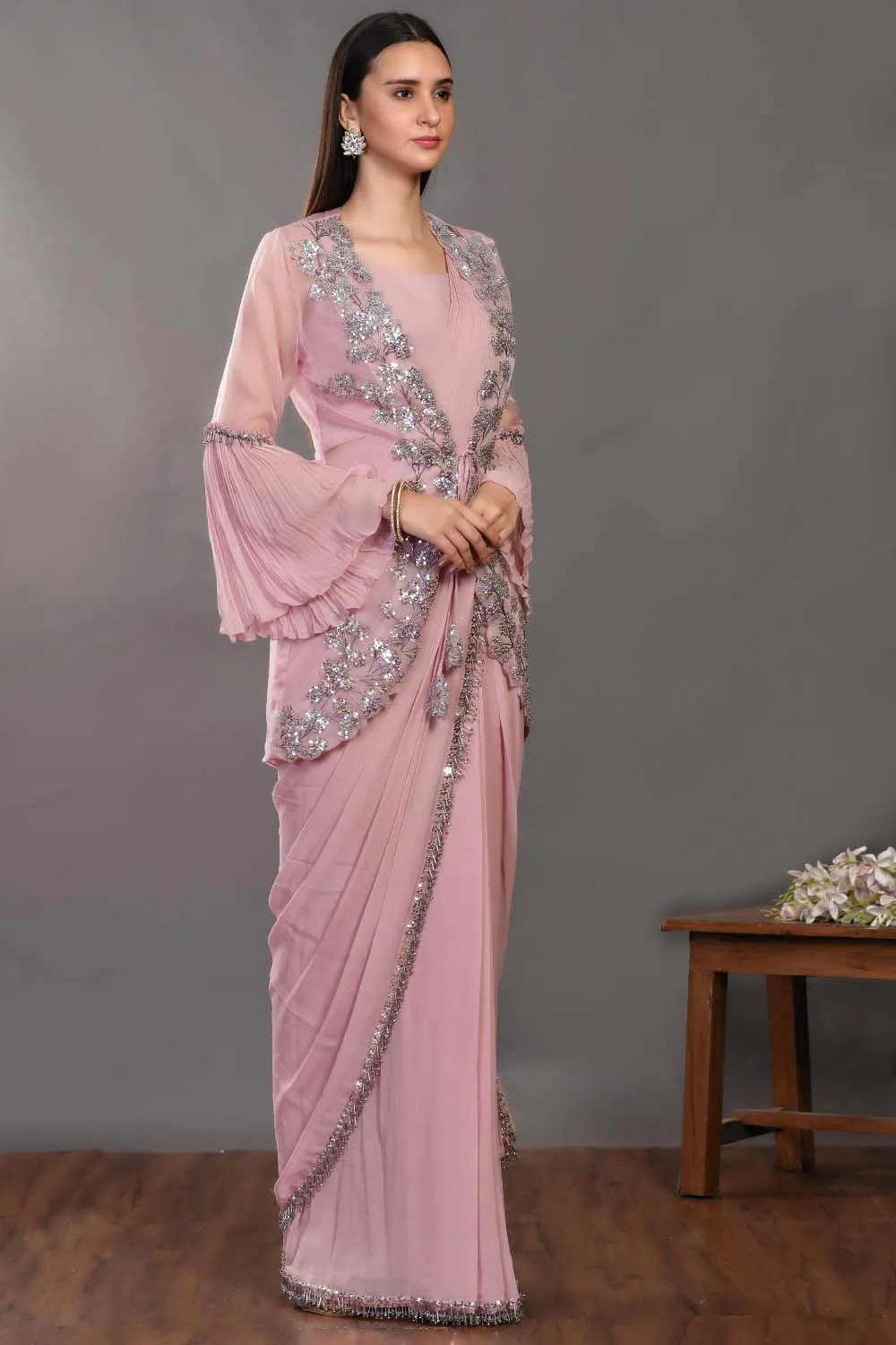 90Z938-RO Pink Georgette Drape Saree With Jacket