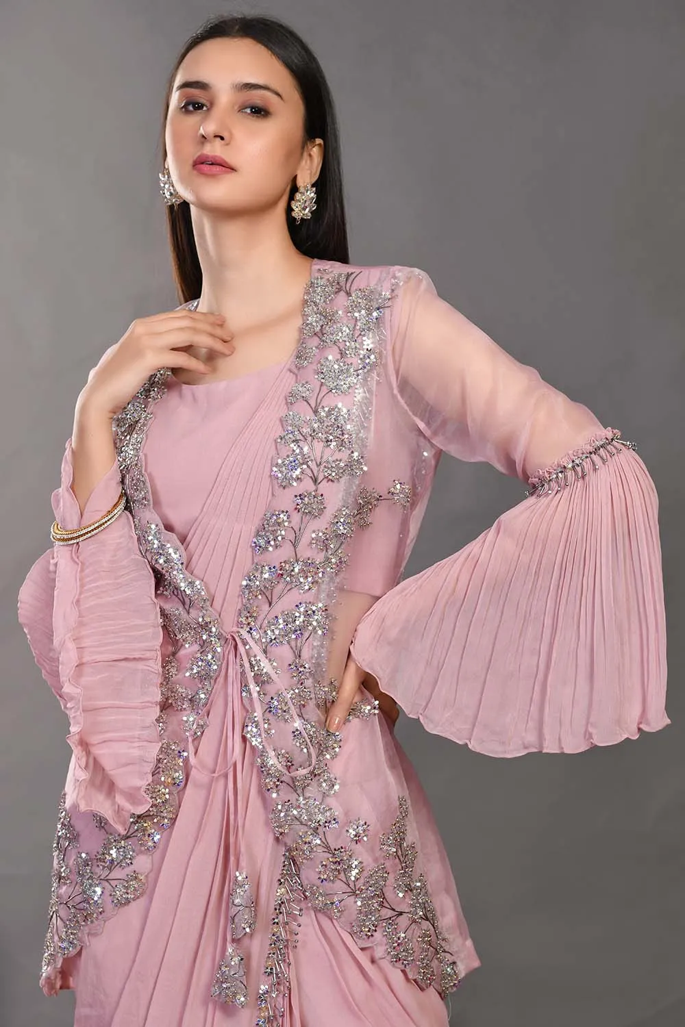 90Z938-RO Pink Georgette Drape Saree With Jacket