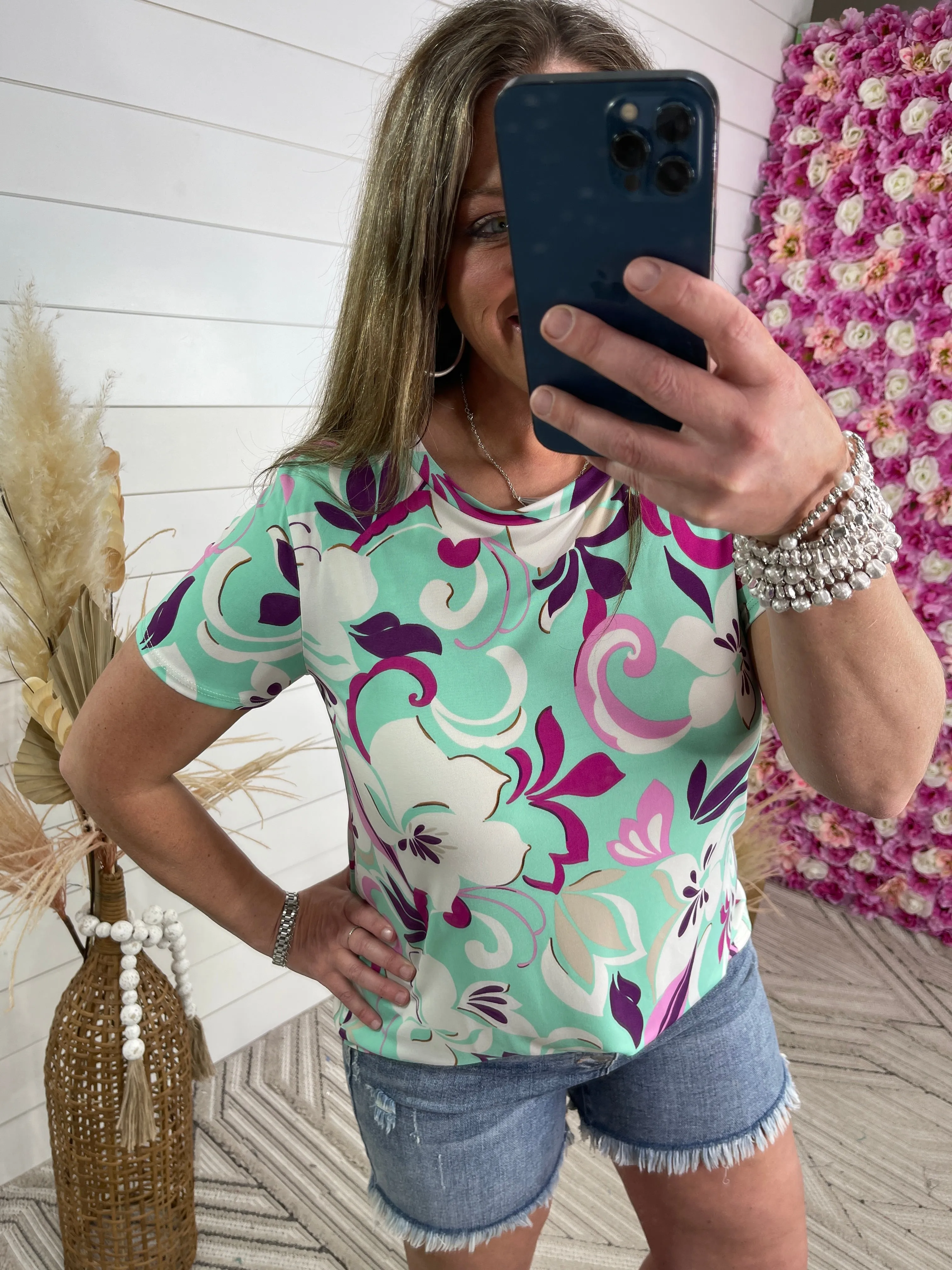 AQUA/PINKS FLORAL TOP