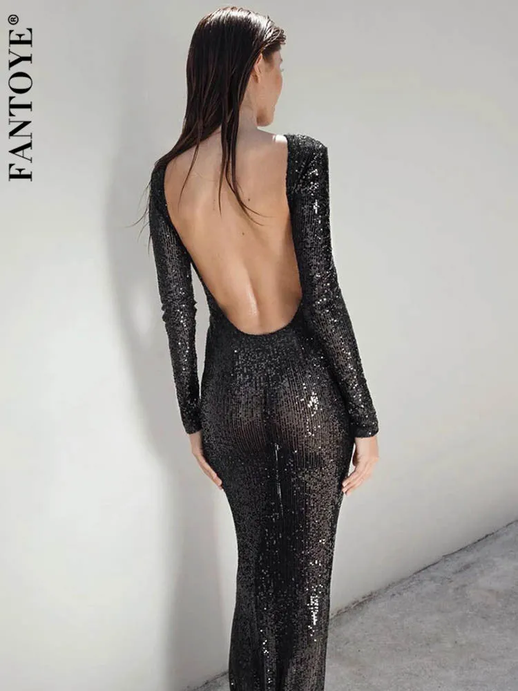 Backless Sequins Maxi Dress