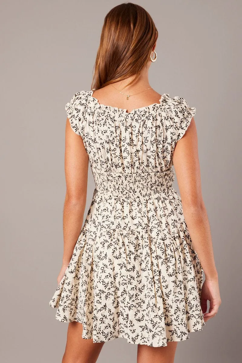 Beige Ditsy Fit And Flare Dress Puff Sleeve