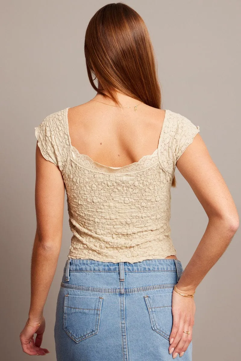 Beige Textured Top Short Sleeve