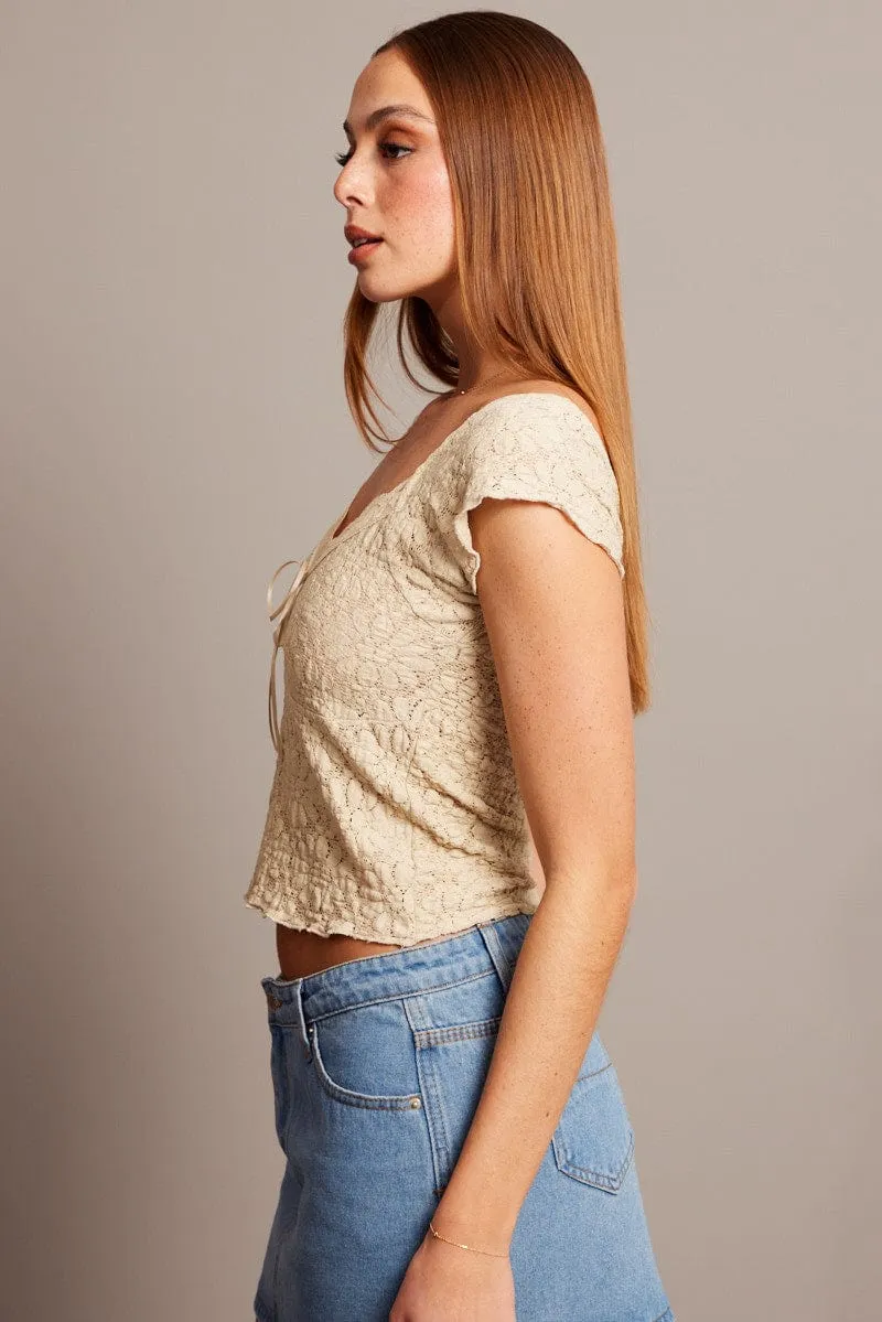 Beige Textured Top Short Sleeve