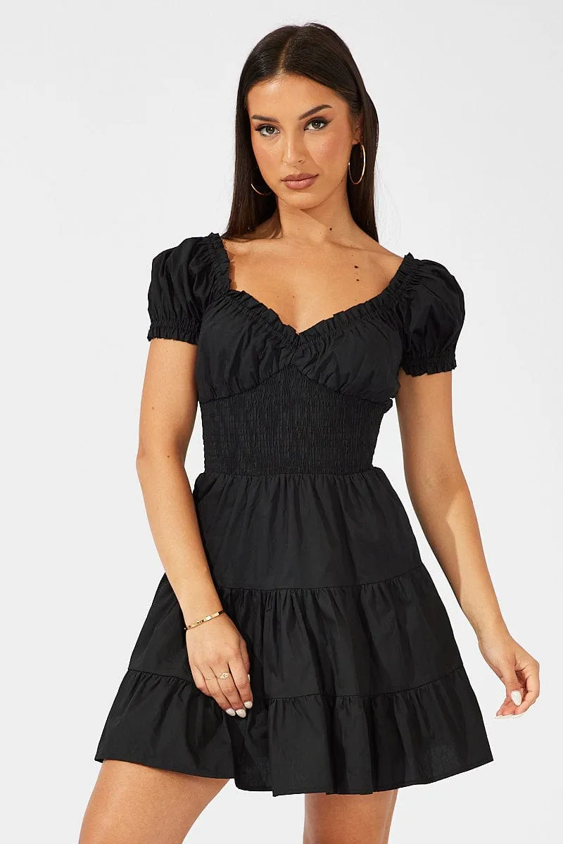 Black Fit and Flare Dress Short Sleeve Shirred Waist