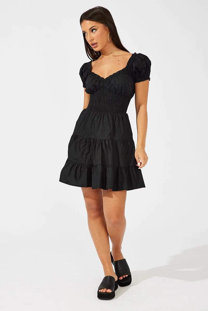 Black Fit and Flare Dress Short Sleeve Shirred Waist