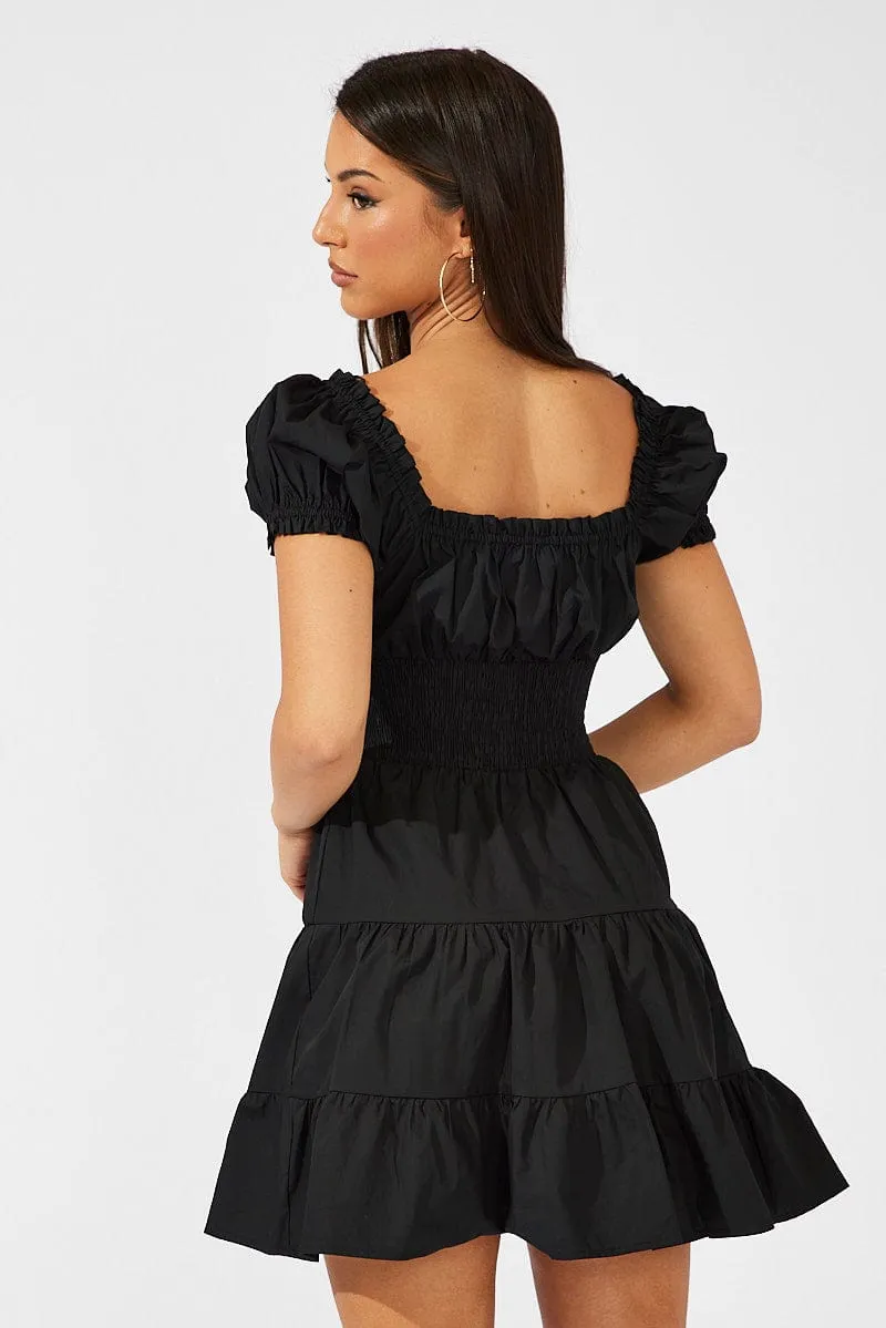 Black Fit and Flare Dress Short Sleeve Shirred Waist