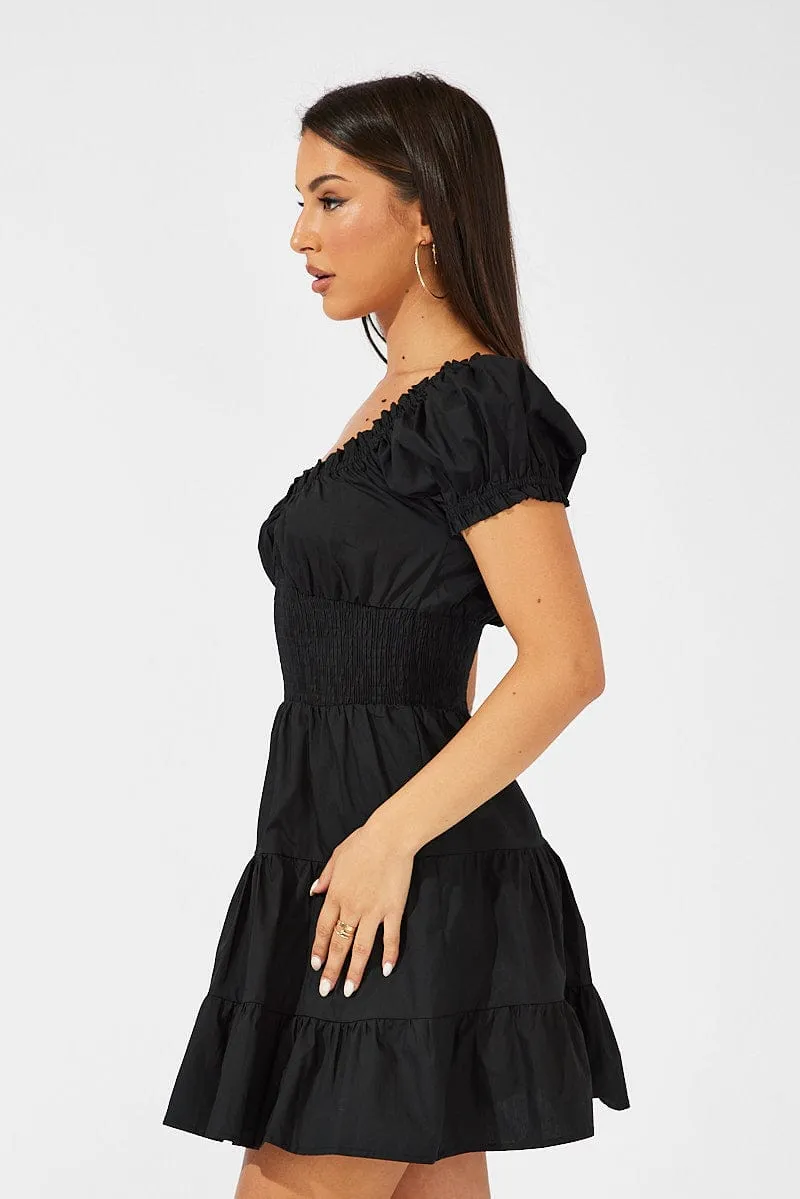 Black Fit and Flare Dress Short Sleeve Shirred Waist