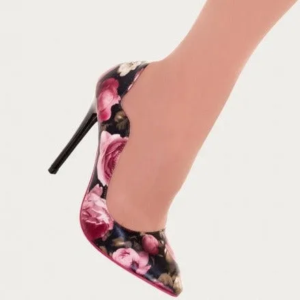 Black Rose Print Stiletto Heel Shoes