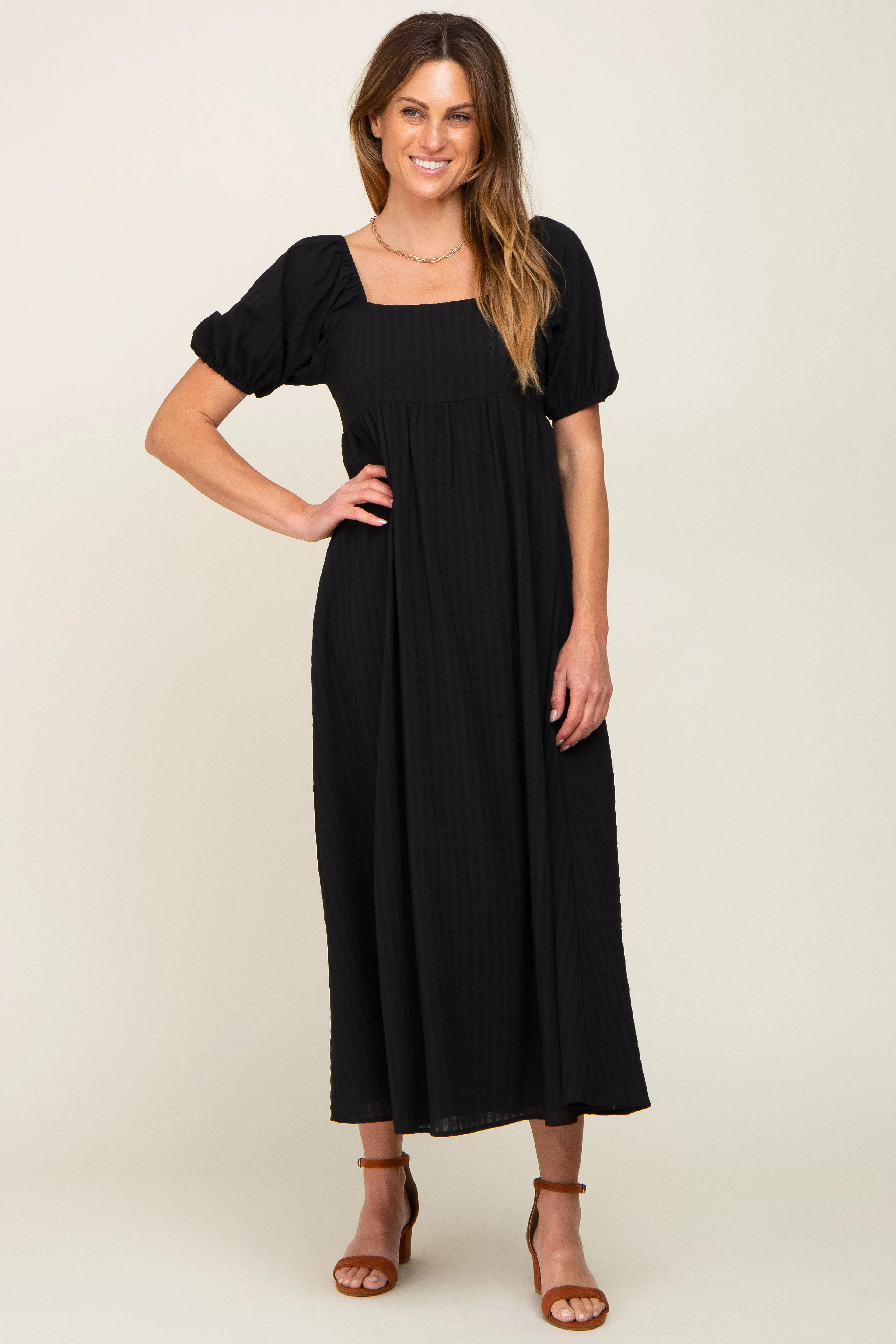 Black Textured Gingham Square Neck Maternity Maxi Dress