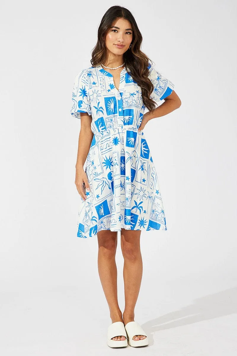 Blue Abstract Shirt Dress Short Sleeve Tiered