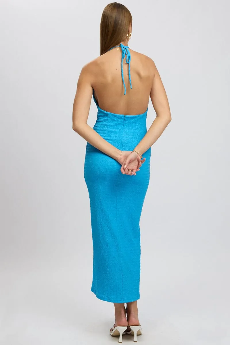 Blue Bodycon Dress Halter Neck Texured