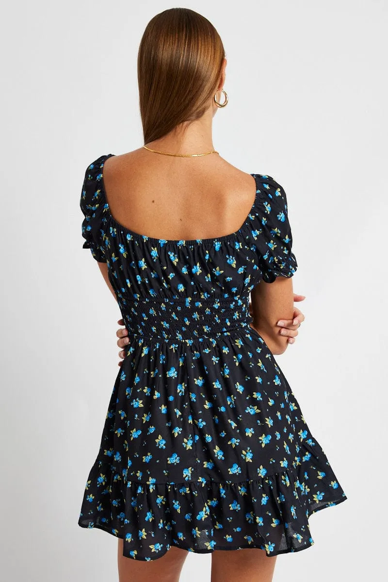 Blue Floral Fit And Flare Dress Puff Sleeve Mini