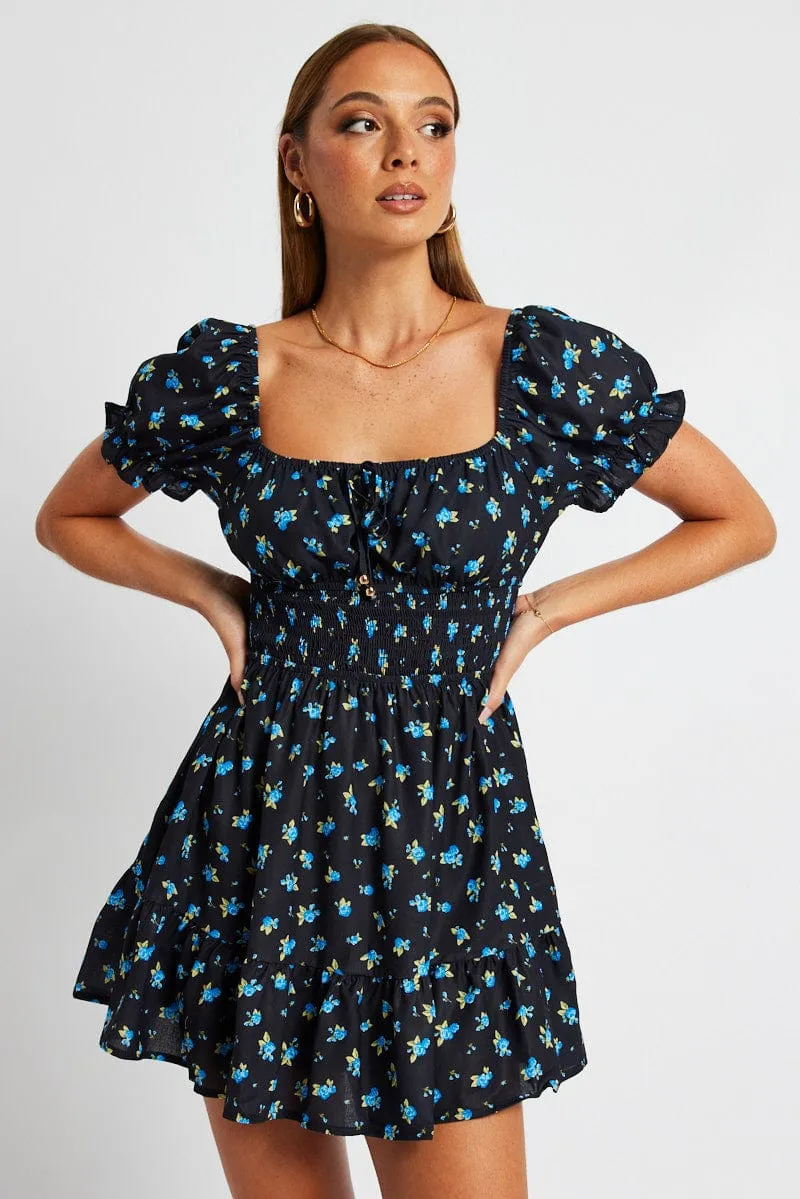 Blue Floral Fit And Flare Dress Puff Sleeve Mini