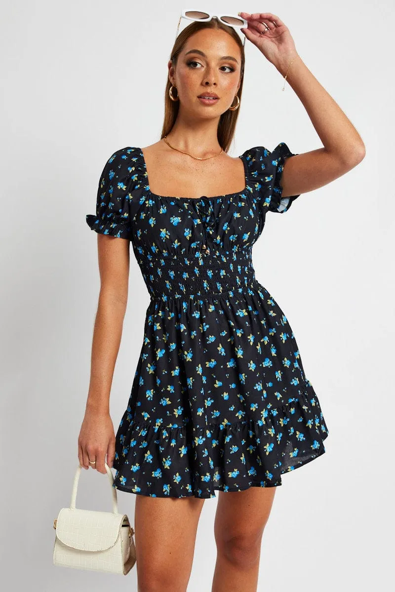 Blue Floral Fit And Flare Dress Puff Sleeve Mini