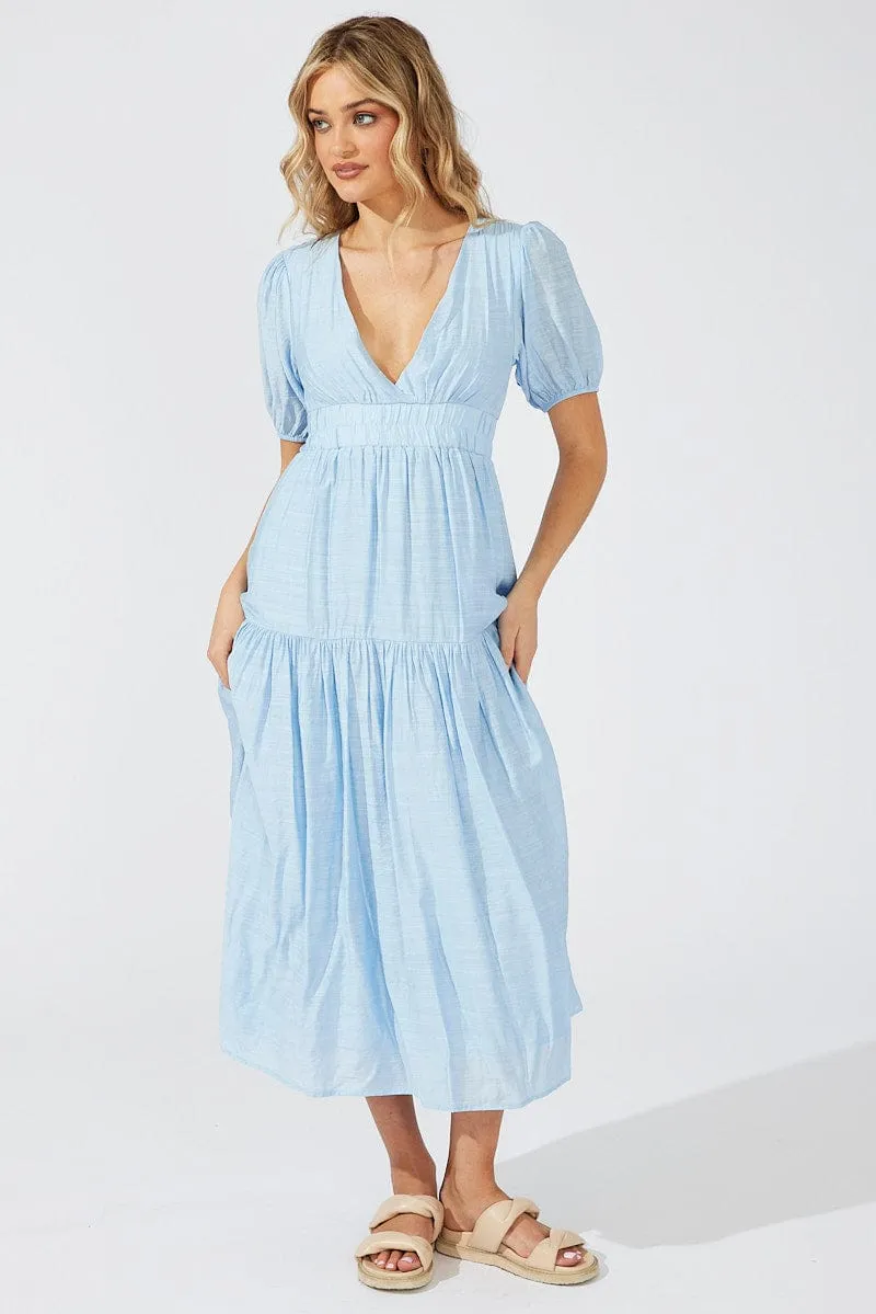 Blue Maxi Dress Puff Sleeve