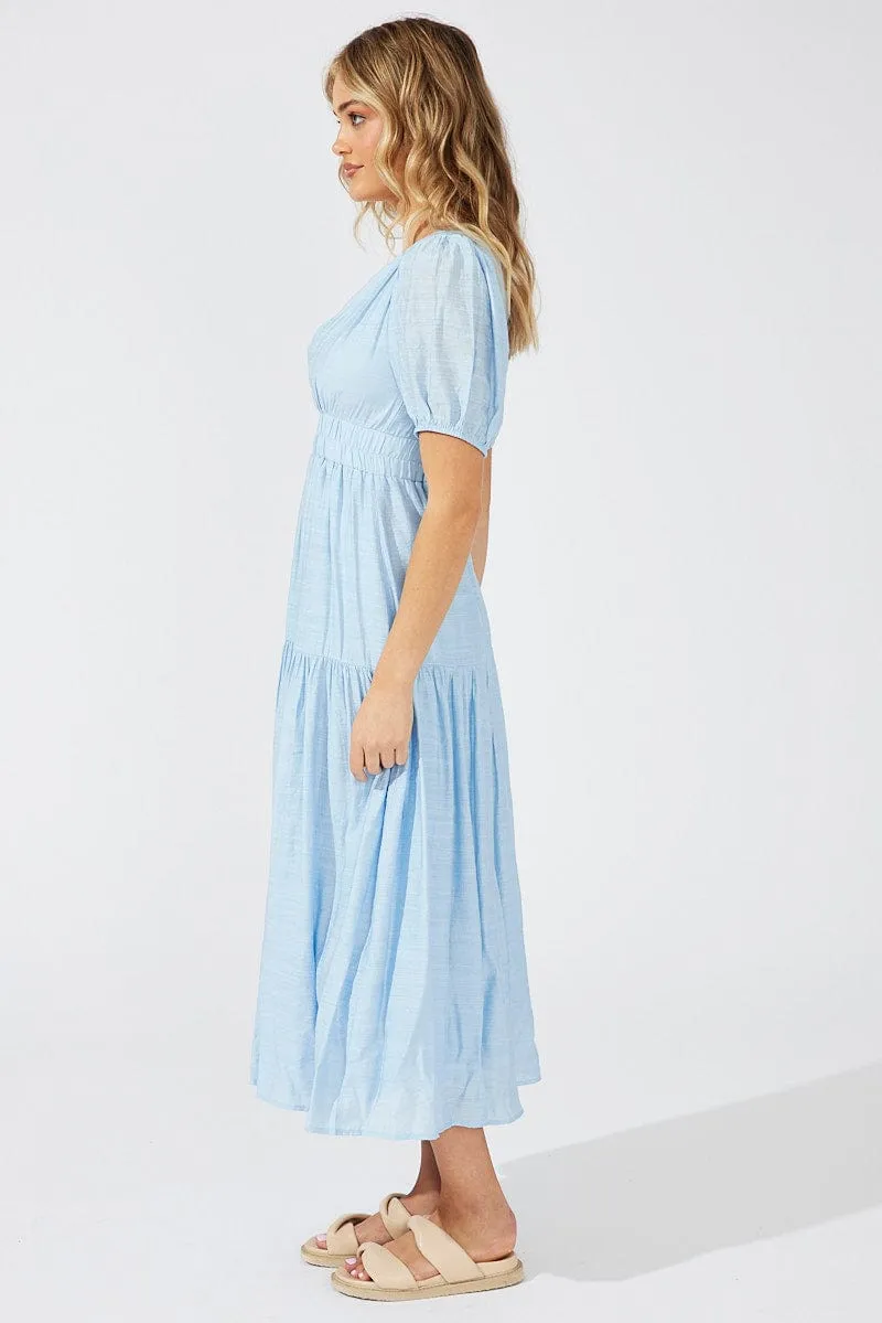 Blue Maxi Dress Puff Sleeve