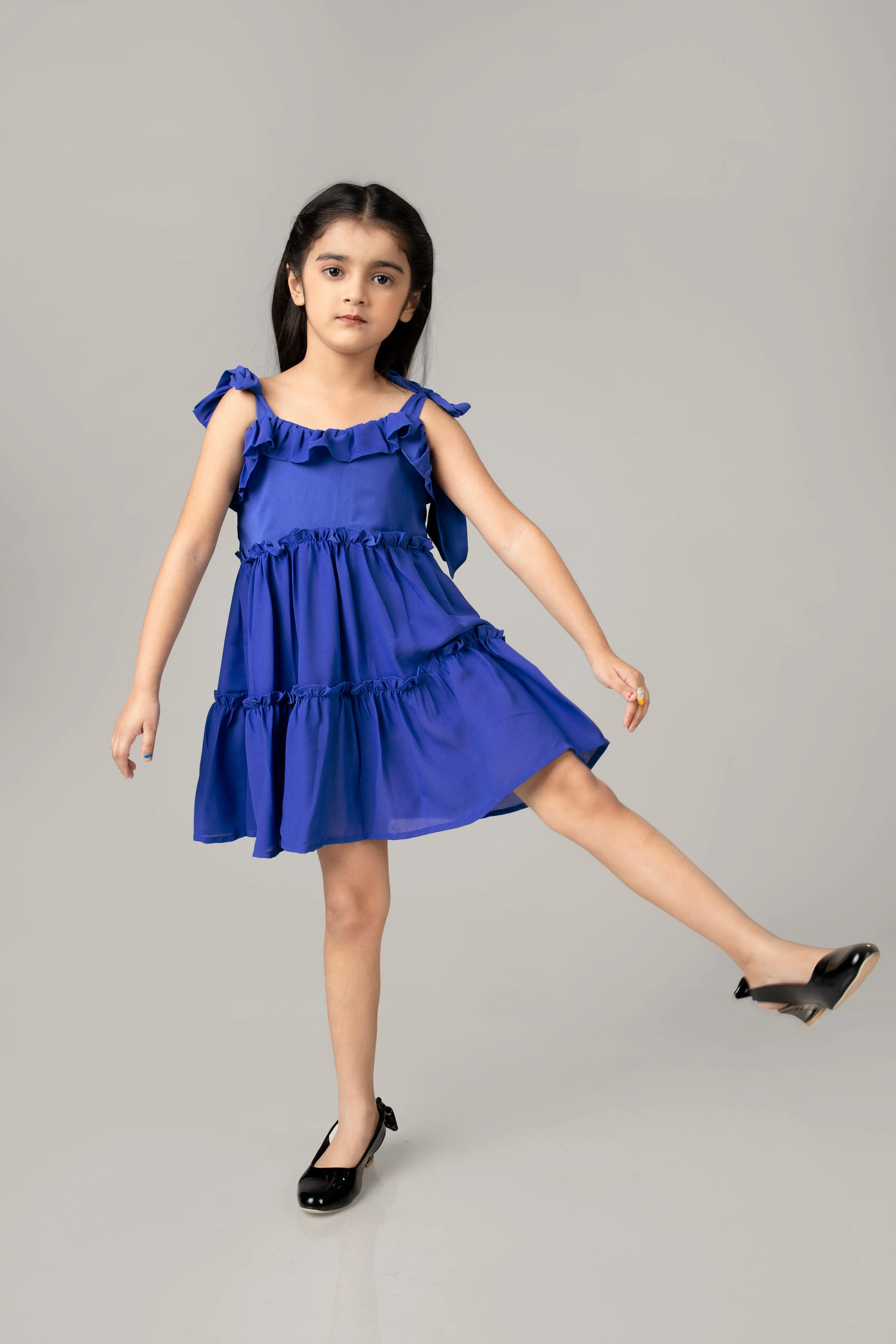 Blue Ruffle Detailed Tiered Midi Dress For Girls