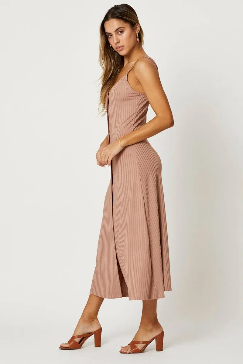 Brown Button Front Dress Sleeveless Maxi Rib