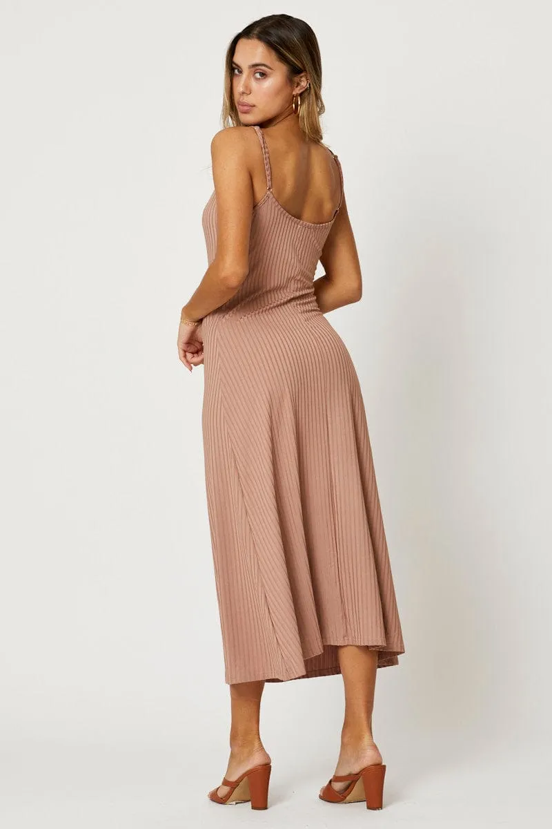 Brown Button Front Dress Sleeveless Maxi Rib