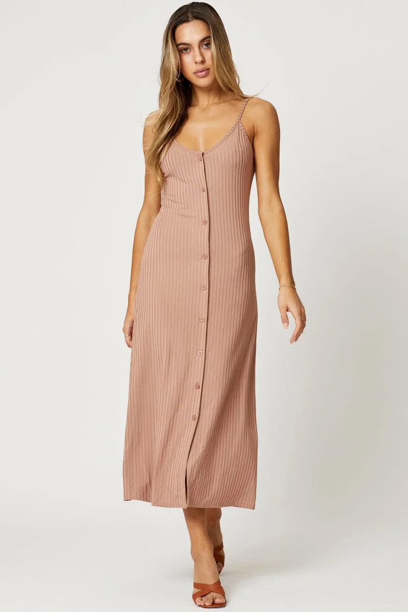 Brown Button Front Dress Sleeveless Maxi Rib